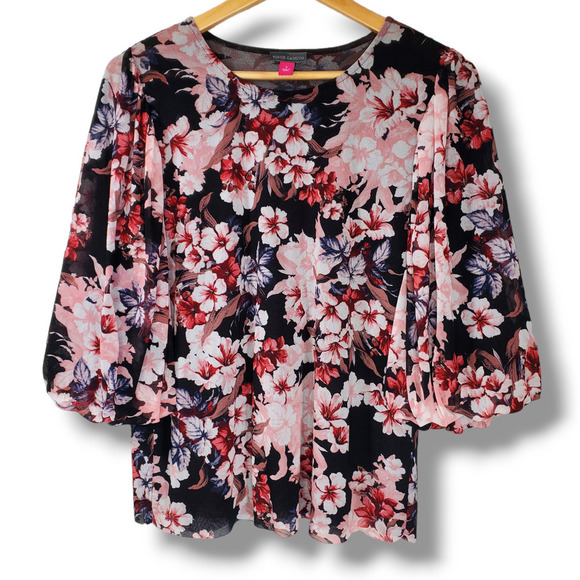 Vince Camuto Tops - Vince Camuto Floral Print Balloon Sleeve Blouse Top Black Pink Size Small